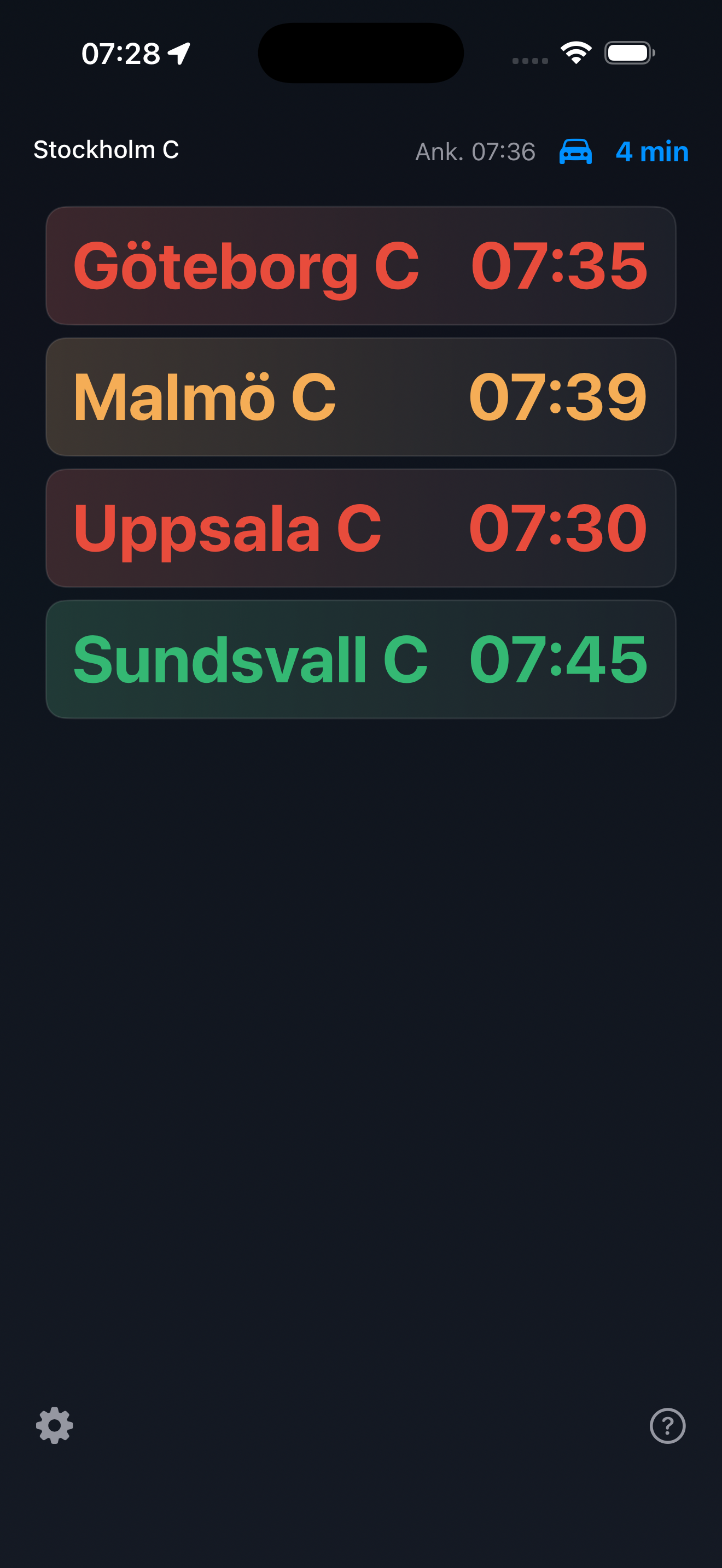 HinnerDu-appen visar avgångar med färgkodad nåbarhet