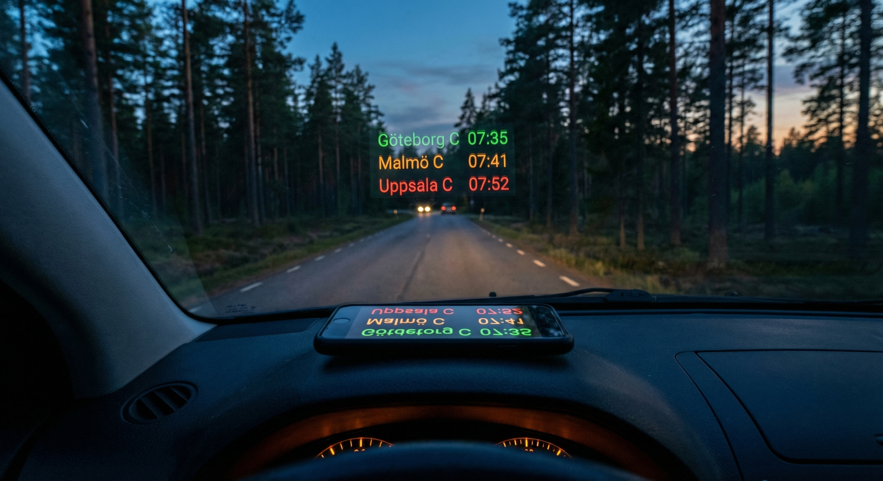 HUD-läge: Telefon på instrumentbrädan med avgångar som reflekteras i vindrutan
