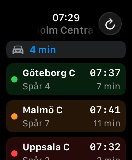 Apple Watch-appen visar nästa avgångar